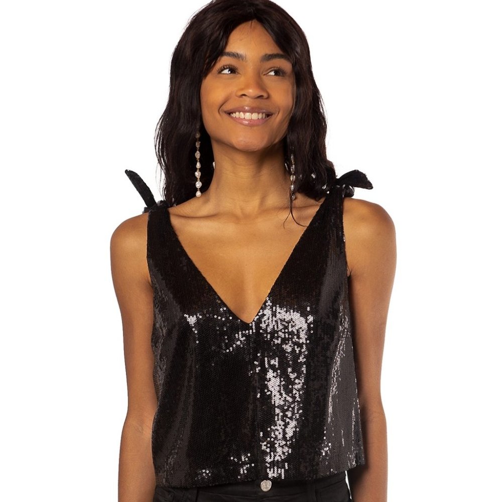 Emerson Fry Mod Tie Shoulder Top - Black Sequin